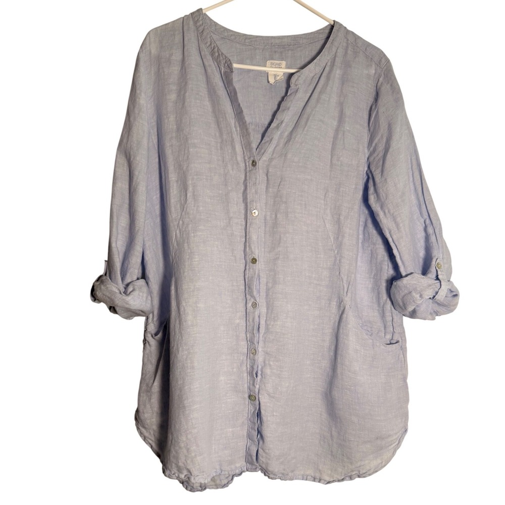 Sigrid Olsen Womens Blue 100% Linen Button Front Roll Tab Sleeve Tunic Top L